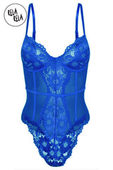 Front view of royal blue underwire high leg lace bodysuit with spaghetti straps