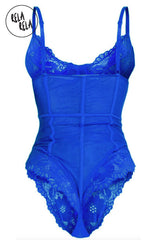 Back view of royal blue lace bodysuit with spaghetti straps and high cut legs