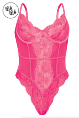 Front view of hot pink underwire high leg lace bodysuit with spaghetti straps