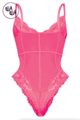 Back view of hot pink lace bodysuit with spaghetti straps and high cut legs