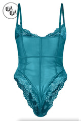 Back view of emerald lace bodysuit with spaghetti straps and high cut legs