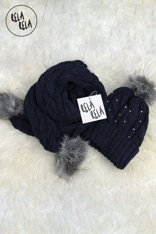 Faux Fur Pom Pom Embelished Cable Hat and Scarf Set in Royal Blue