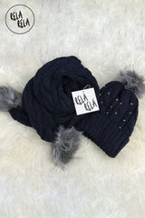 Faux Fur Pom Pom Embelished Cable Hat and Scarf Set in Royal Blue