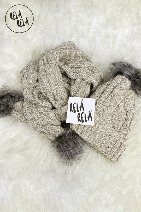 Faux Fur Pom Pom Embelished Cable Hat and Scarf Set in Beige