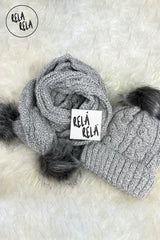 Faux Fur Pom Pom Embelished Cable Hat and Scarf Set in Grey