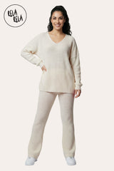 Front View of Longline V-Neck Knitted Jumper & Flared Trousers Lounge Set in Beige