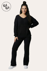 Front view of Longline V-Neck Knitted Jumper & Flared Trousers Lounge Set in Black