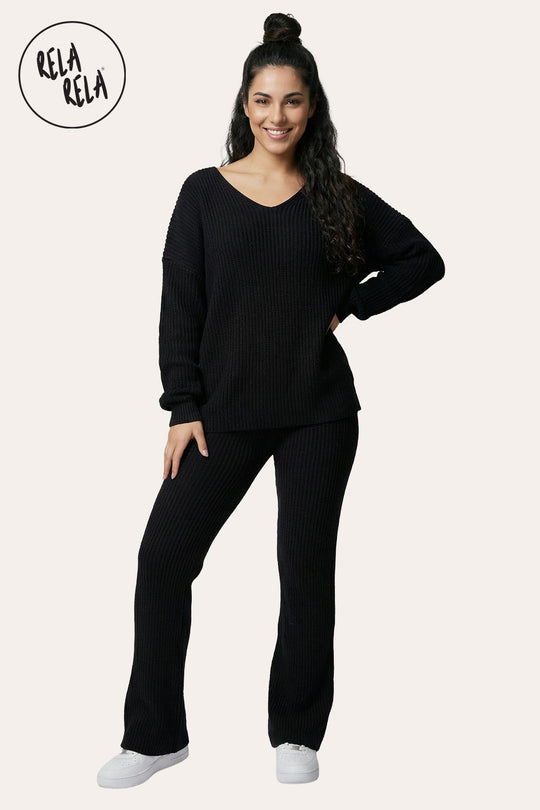 Longline V-Neck Knitted Jumper & Flared Trousers Lounge Set in Black