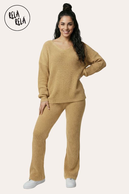 Longline V-Neck Knitted Jumper & Flared Trousers Lounge Set in Camel