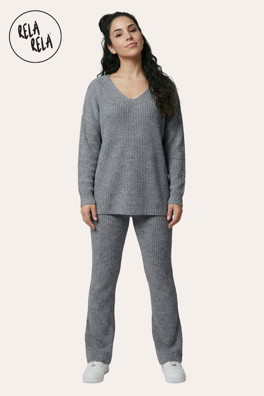 Longline V-Neck Knitted Jumper & Flared Trousers Lounge Set in Grey