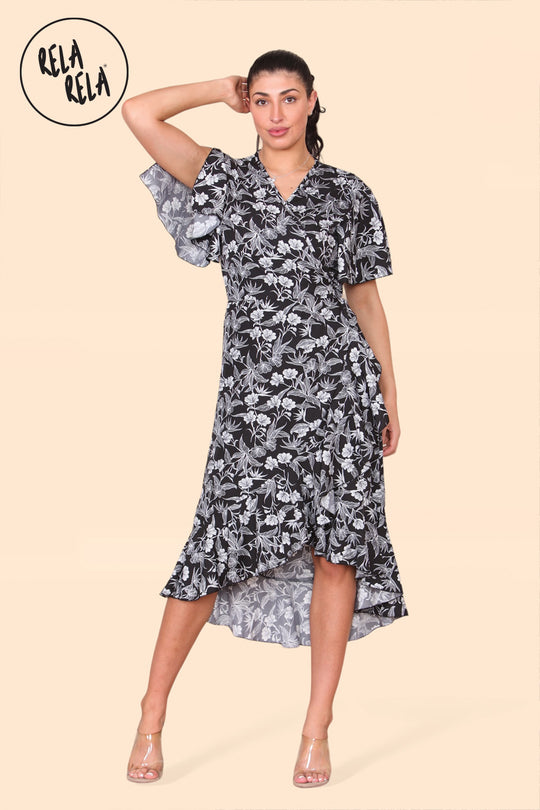 Floral Frill Wrap Midi Dress in Black