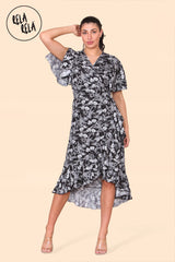 Floral Frill Wrap Midi Dress in Black front