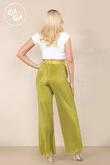 High Waisted Crinkle Plisse Flared Trousers in Olive