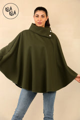 Cape Sleeve Belted Poncho Jacket Coat in Khaki