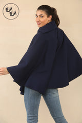 Cape Sleeve Belted Poncho Jacket Coat in Navy