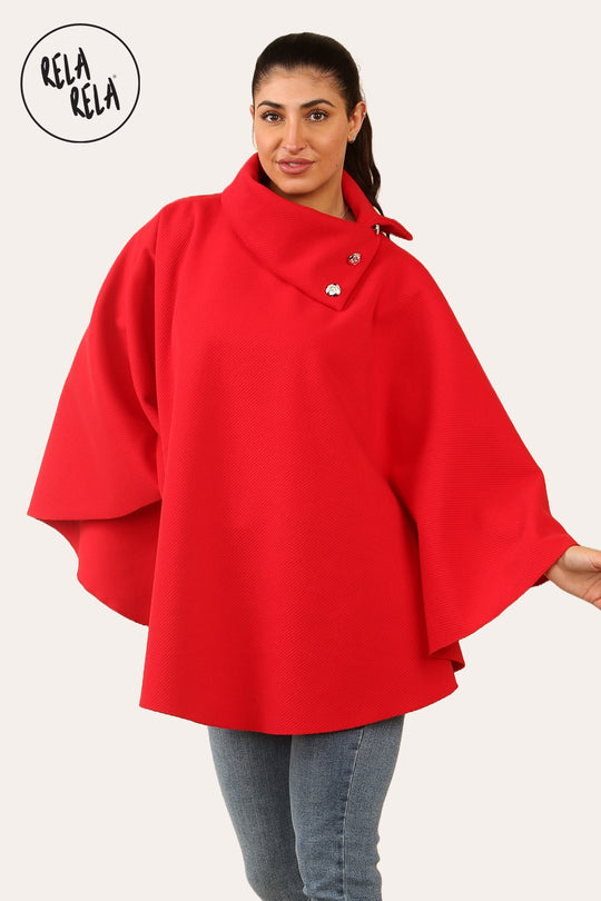 Cape Sleeve Belted Poncho Jacket Coat in Red