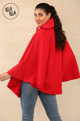 Cape Sleeve Belted Poncho Jacket Coat in Red