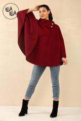 Cape Sleeve Belted Poncho Jacket Coat in Burgundy