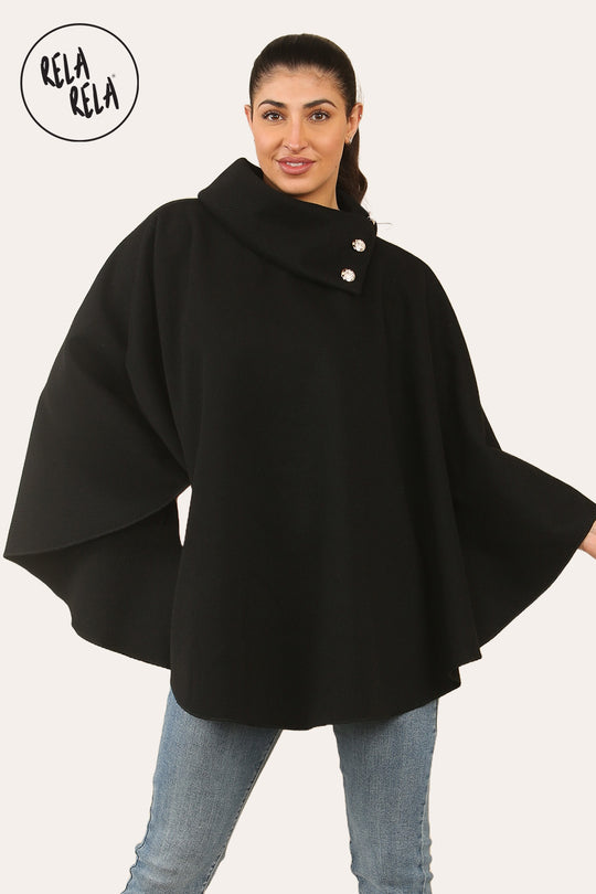 Cape Sleeve Belted Poncho Jacket Coat in Black