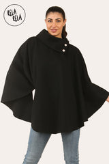 Cape Sleeve Belted Poncho Jacket Coat in Black