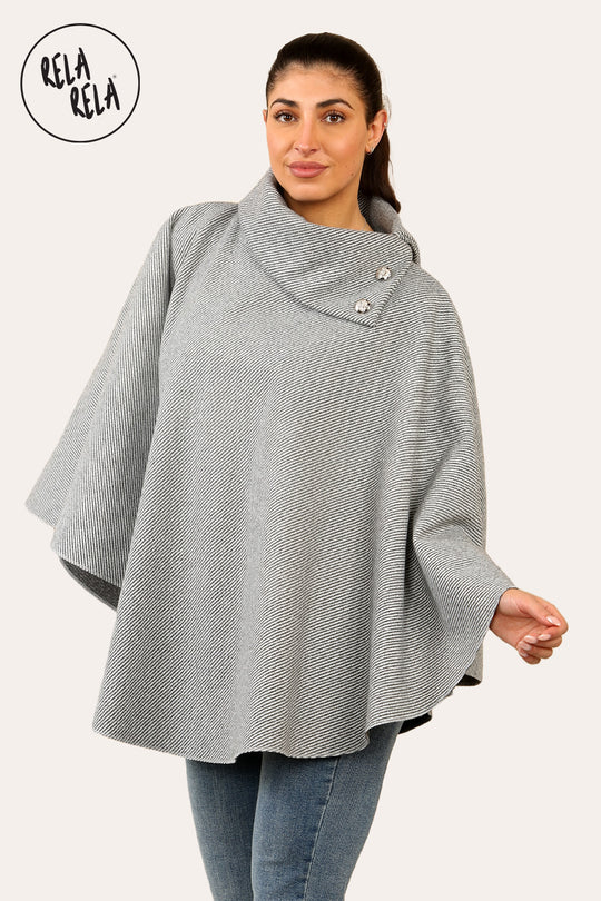 Cape Sleeve Belted Poncho Jacket Coat in Charcoal