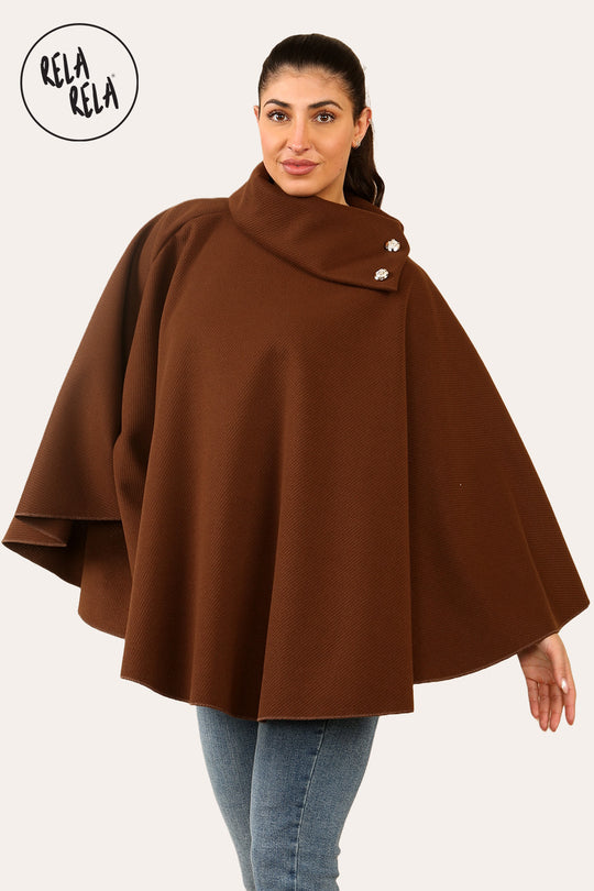 Cape Sleeve Belted Poncho Jacket Coat in Chocolate
