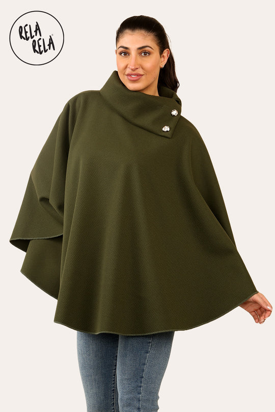 Cape Sleeve Belted Poncho Jacket Coat in Khaki