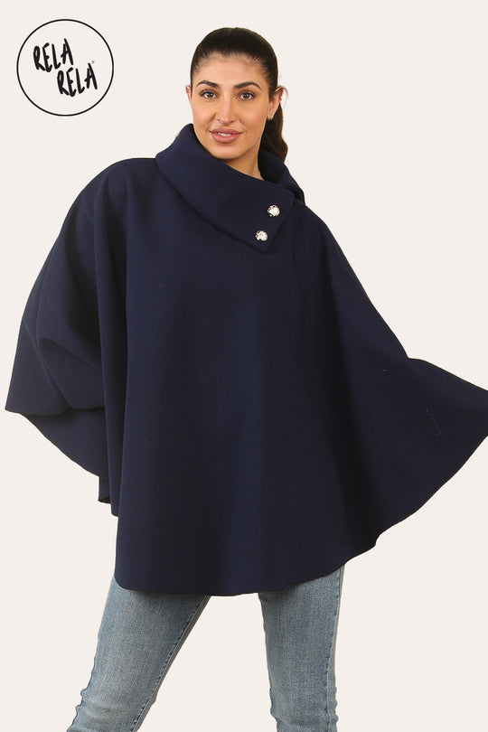 Cape Sleeve Belted Poncho Jacket Coat in Navy