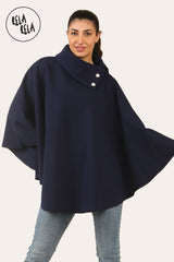 Cape Sleeve Belted Poncho Jacket Coat in Navy