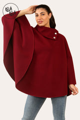 Cape Sleeve Belted Poncho Jacket Coat in Burgundy