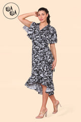 Floral Frill Wrap Midi Dress in Black side