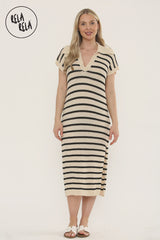 Oversized V Neck Cap Sleeve Knitted Midi Dress in Beige/Black