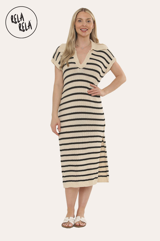 Oversized V Neck Cap Sleeve Knitted Midi Dress in Beige/Black