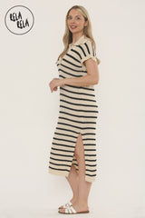 Oversized V Neck Cap Sleeve Knitted Midi Dress in Beige/Black