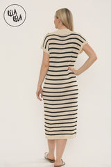 Oversized V Neck Cap Sleeve Knitted Midi Dress in Beige/Black