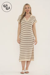Oversized V Neck Cap Sleeve Knitted Midi Dress in Beige/Khaki