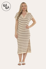 Oversized V Neck Cap Sleeve Knitted Midi Dress in Beige/Khaki
