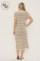 Oversized V Neck Cap Sleeve Knitted Midi Dress in Beige/Khaki