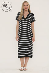 Oversized V Neck Cap Sleeve Knitted Midi Dress in Black/White