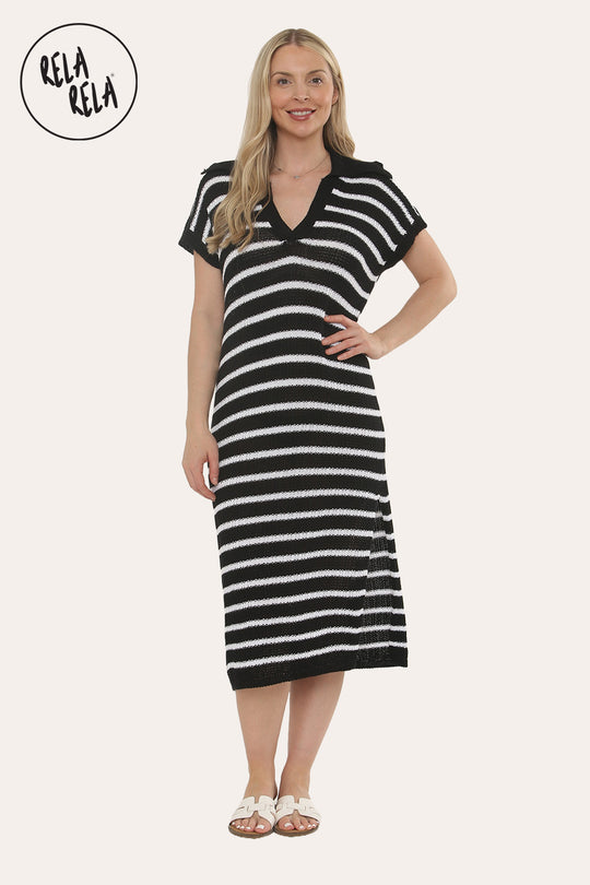 Oversized V Neck Cap Sleeve Knitted Midi Dress in Black/White