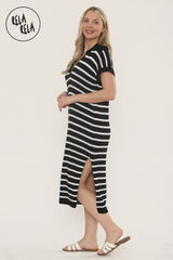 Oversized V Neck Cap Sleeve Knitted Midi Dress in Black/White