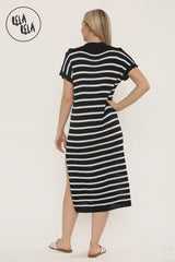 Oversized V Neck Cap Sleeve Knitted Midi Dress in Black/White