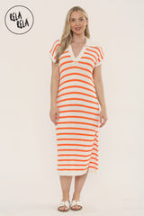 Oversized V Neck Cap Sleeve Knitted Midi Dress in White/Orange