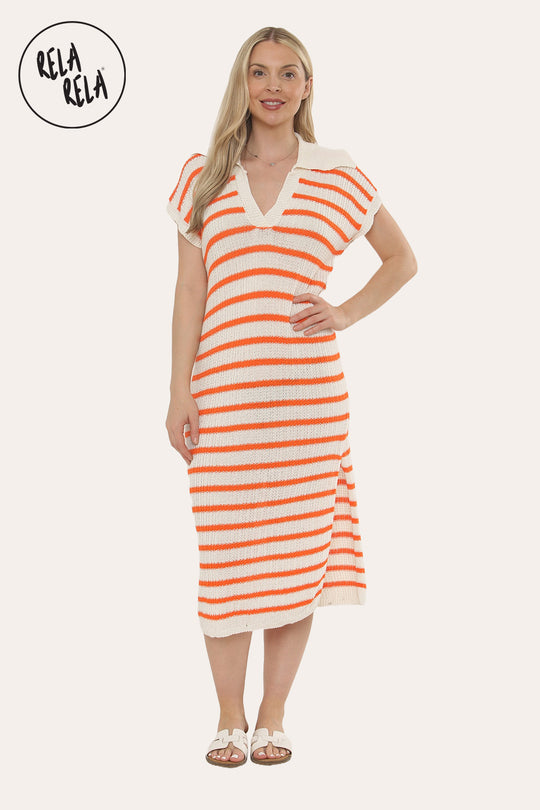 Oversized V Neck Cap Sleeve Knitted Midi Dress in White/Orange