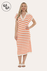 Oversized V Neck Cap Sleeve Knitted Midi Dress in White/Orange