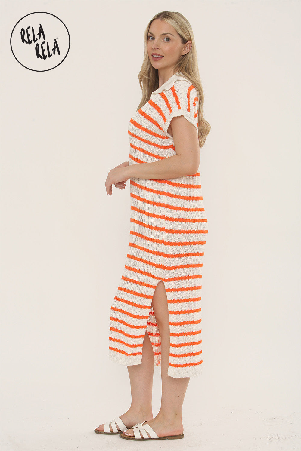 Oversized V Neck Cap Sleeve Knitted Midi Dress in White/Orange Oversized V Neck Cap Sleeve Knitted Midi Dress in White/Orange