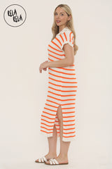 Oversized V Neck Cap Sleeve Knitted Midi Dress in White/Orange