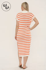 Oversized V Neck Cap Sleeve Knitted Midi Dress in White/Orange