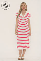 Oversized V Neck Cap Sleeve Knitted Midi Dress in White/Pink