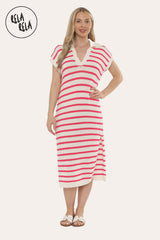 Oversized V Neck Cap Sleeve Knitted Midi Dress in White/Pink
